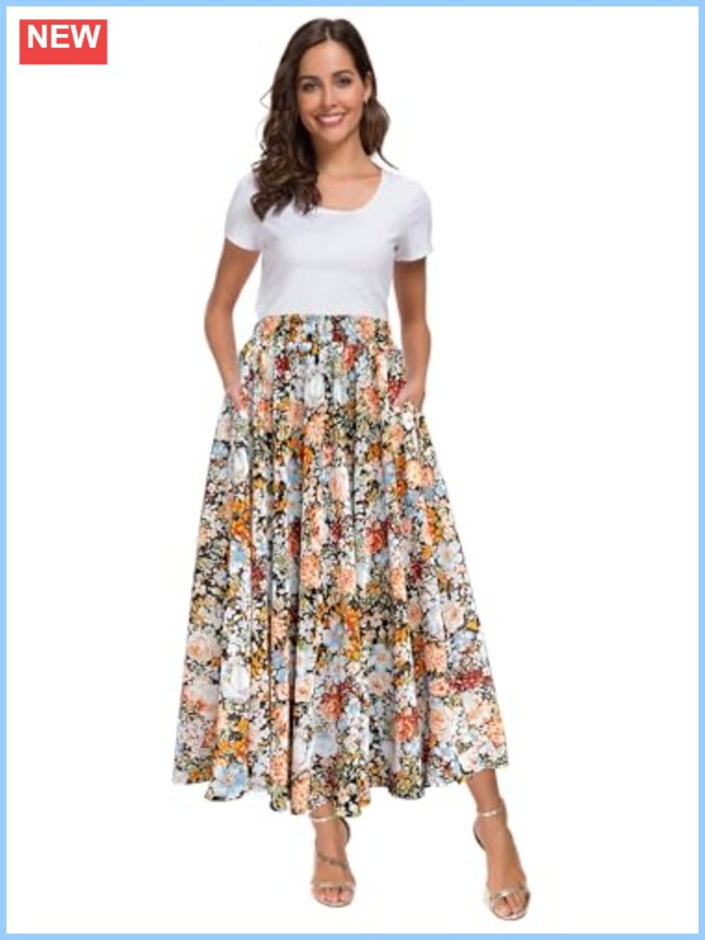 Women High Waist Floral Chiffon Midi Skirt with Pockets
